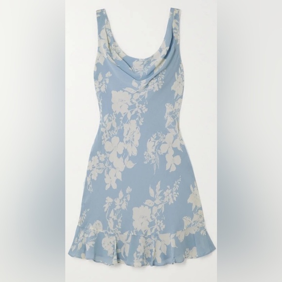 Reformation Rudie Draped Ruffled Floral Print Crepe Mini Dress Light Blue Size 2 - Picture 1 of 8